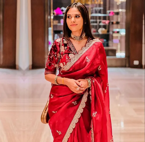 Cherry_Red_Khadi_Organza_Embroidered_Saree_For_Women