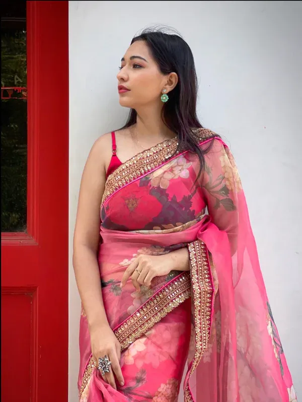 Orgenza_Pink_Color_Organza_Silk_Full_Heavy_Border_And_Printed_Saree_With_Contrast_Blouse_For_Women