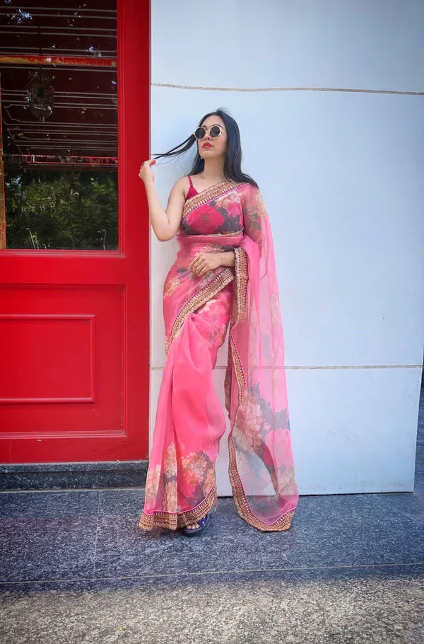 Orgenza_Pink_Color_Organza_Silk_Full_Heavy_Border_And_Printed_Saree_With_Contrast_Blouse_For_Women