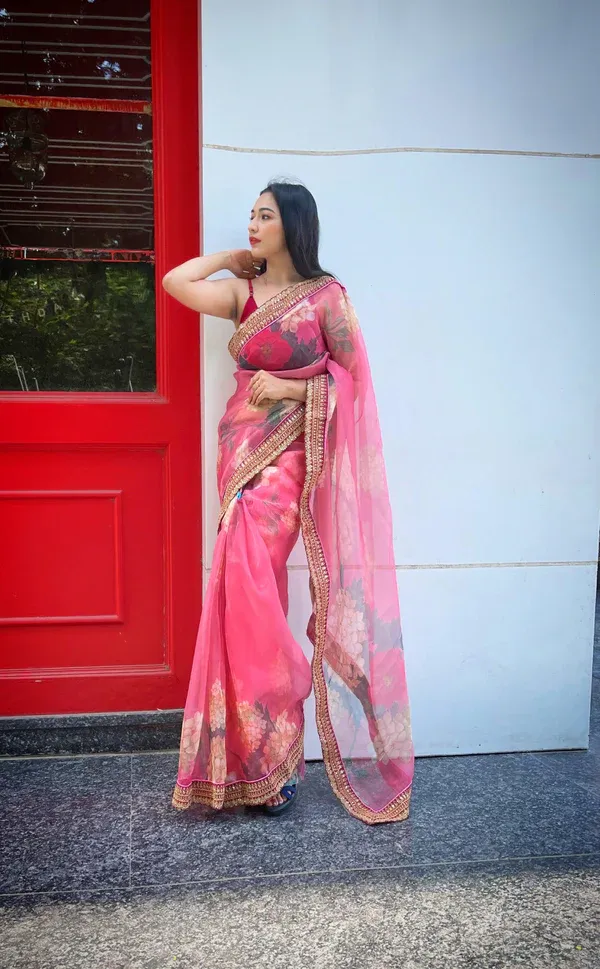 Orgenza_Pink_Color_Organza_Silk_Full_Heavy_Border_And_Printed_Saree_With_Contrast_Blouse_For_Women