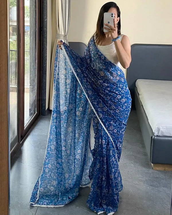 Blue_Floral_Printed_1-Minute_Ready_To_Wear_Georgette_Saree_For_Women