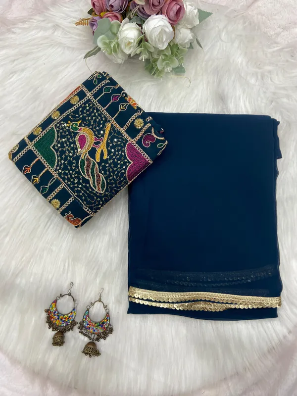 Navy_Blue_Soft_Georgette_Saree_With_Embroidered_Blouse_For_Women