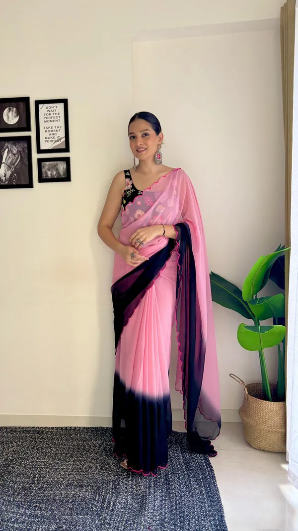 Pink_&_Black_Georgette_Saree_With_Embroidered_Blouse_For_Women