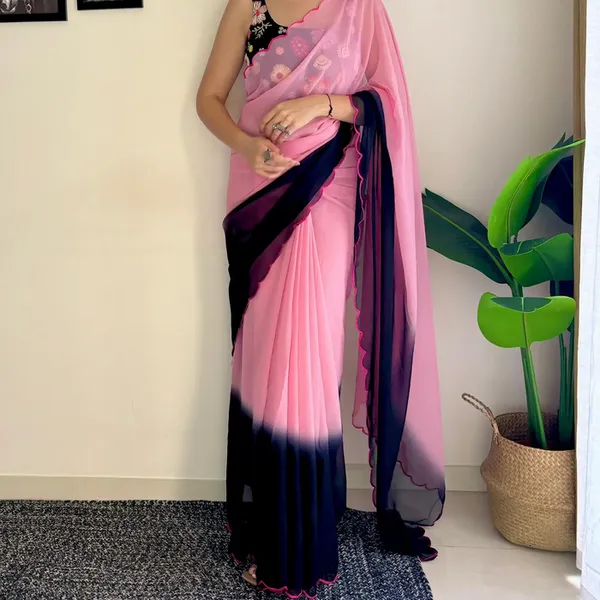 Pink_&_Black_Georgette_Saree_With_Embroidered_Blouse_For_Women
