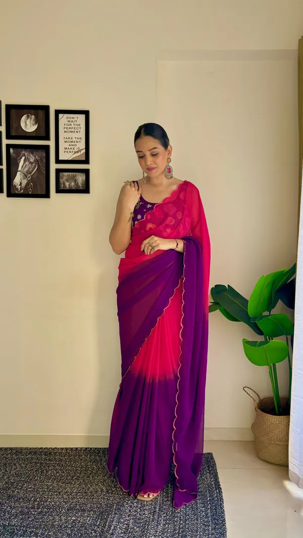 Pink_&_Purple_Georgette_Saree_With_Embroidered_Blouse_For_Women