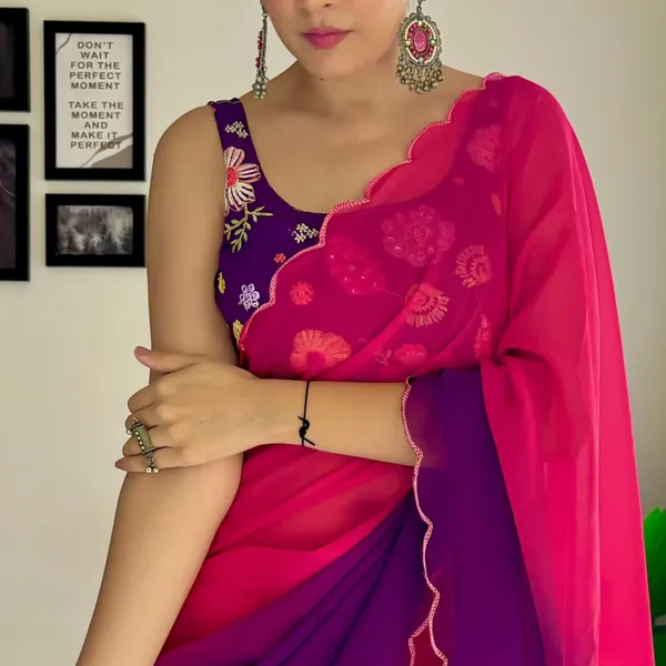 Pink_&_Purple_Georgette_Saree_With_Embroidered_Blouse_For_Women