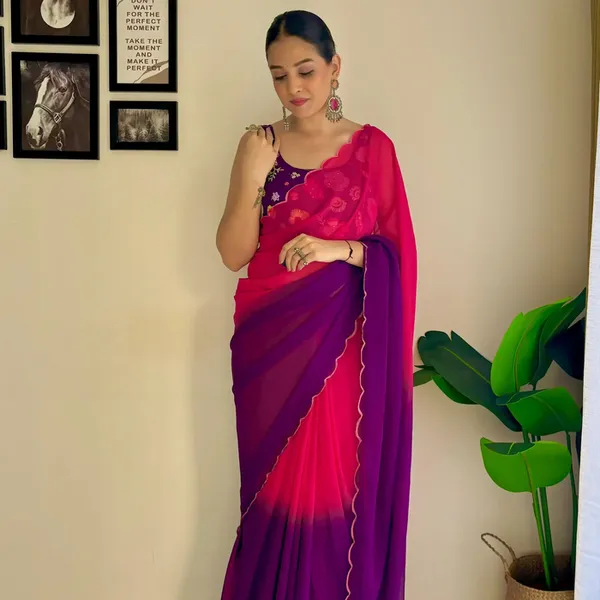 Pink_&_Purple_Georgette_Saree_With_Embroidered_Blouse_For_Women