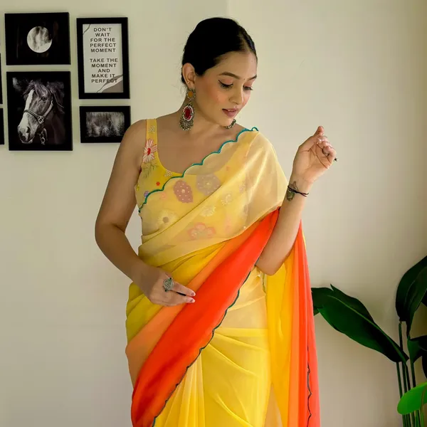 Yellow_&_Orange_Georgette_Saree_With_Embroidered_Blouse_For_Women