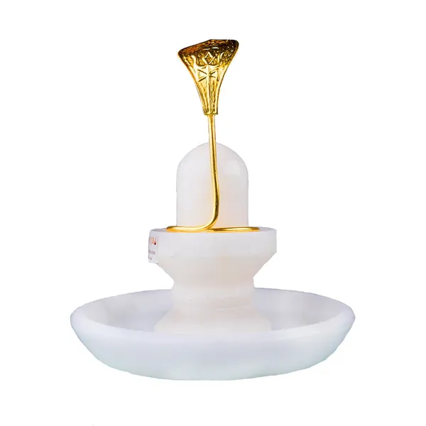 MAYAPURI_White_Marble_Stone_Shivling_And_Brass_Naga_/Snake_With_Abhishek_Patra_|_Shiva_Lingam_For_Daily_Puja