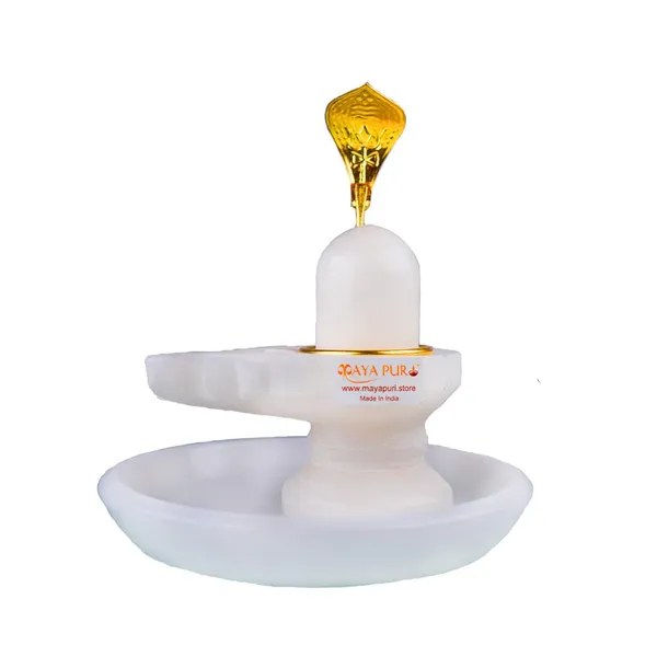 MAYAPURI_White_Marble_Stone_Shivling_And_Brass_Naga_/Snake_With_Abhishek_Patra_|_Shiva_Lingam_For_Daily_Puja