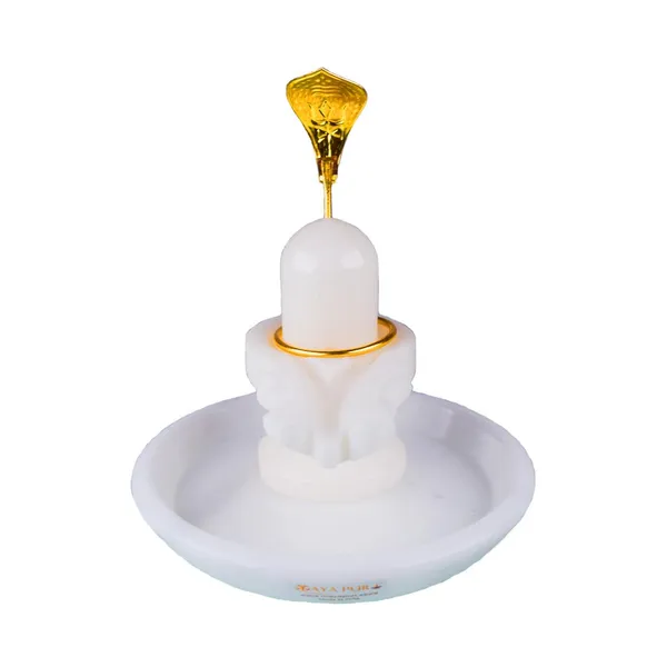 MAYAPURI_White_Marble_Stone_Shivling_And_Brass_Naga_/Snake_With_Abhishek_Patra_|_Shiva_Lingam_For_Daily_Puja