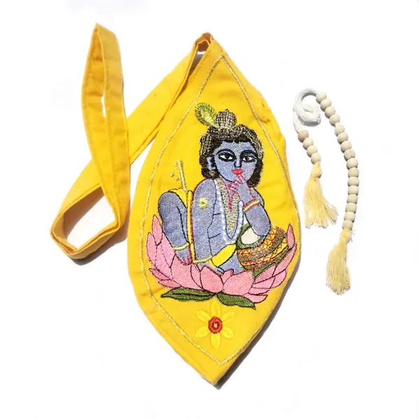 MAYAPURI_Yellow_Sree_Gopal_Embroidery_Cotton_Chanting_Bag_/Gomukhi_Japa_Bag_With_Sakshi_Mala_Counter