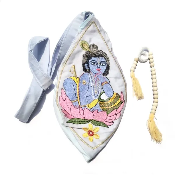 MAYAPURI_Light_Blue_Grey_Sree_Gopal_Embroidery_Cotton_Chanting_Bag_/Gomukhi_Japa_Bag_With_Sakshi_Mala_Counter