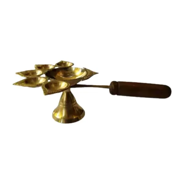MAYAPURI_Golden_Panch_Aarti_Diya_With_Stand_|_Panchmukhi_/Pancha_Pradip_For_Puja_|_Brass_(Pack_Of_1)