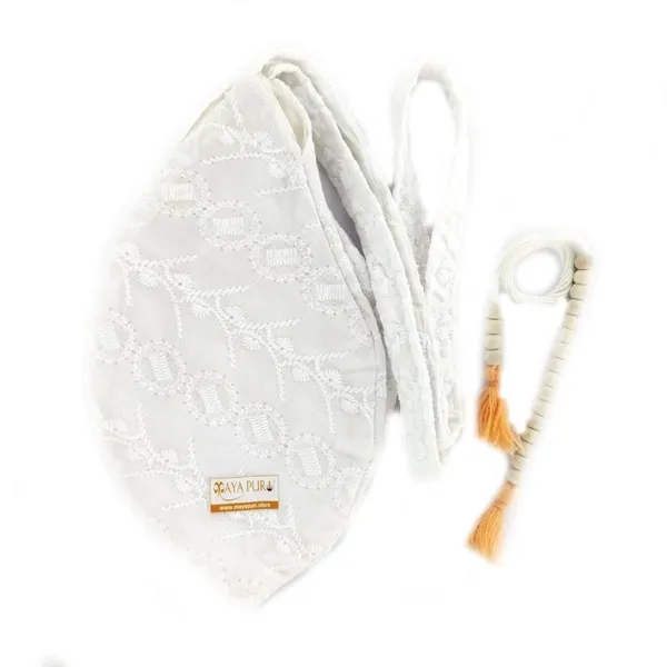 MAYAPURI_White_Chikankari_Or_Chikan_Work_(Embroidery)_Gomukhi_Japa_Bag_/Chanting_Bag