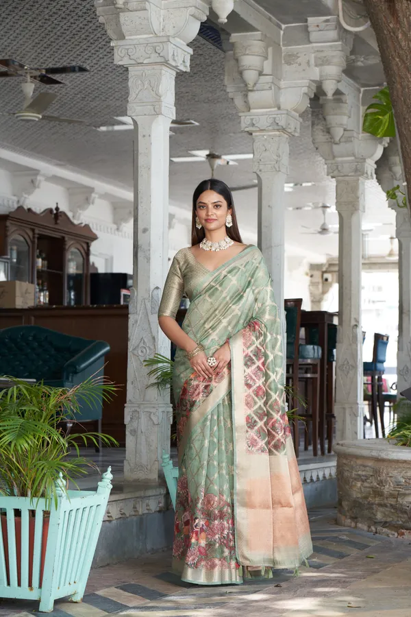 Green_Jacquard_Weaved_Fancy_Organza_Silk_Rich_Pallu_Border_Saree_With_Blouse