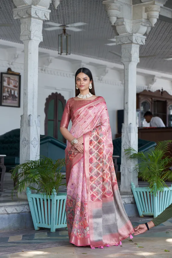 Pink_Jacquard_Weaved_Fancy_Organza_Silk_Rich_Pallu_Border_Saree_With_Blouse