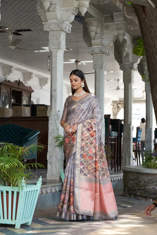 Grey_Jacquard_Weaved_Fancy_Organza_Silk_Rich_Pallu_Border_Saree_With_Blouse