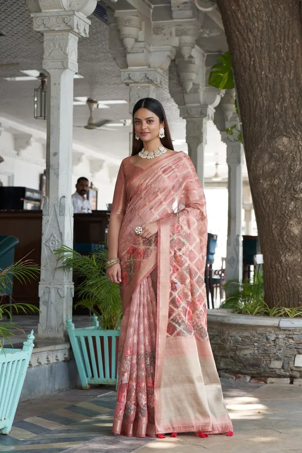 Orange_Jacquard_Weaved_Fancy_Organza_Silk_Rich_Pallu_Border_Saree_With_Blouse