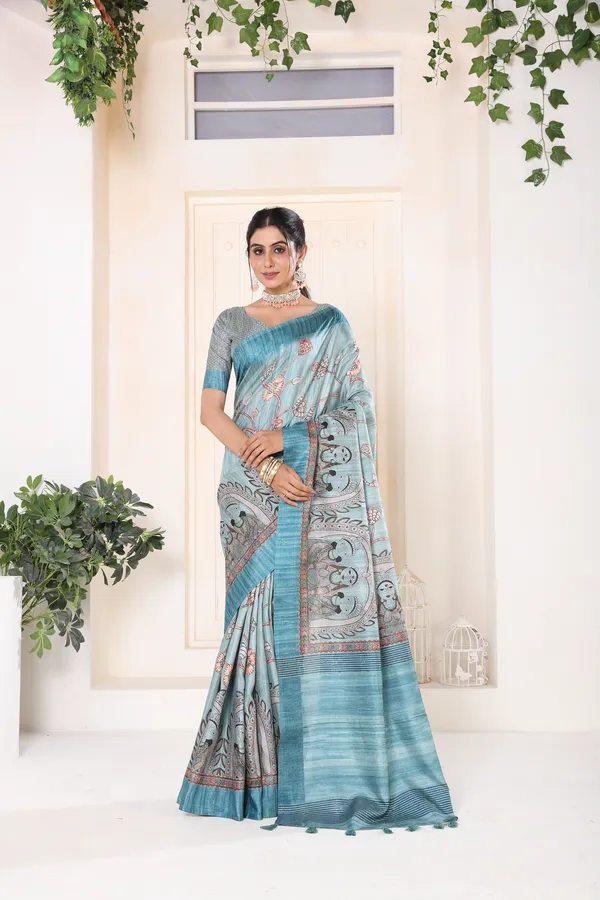 Multicolor_Bhagalpuri_Weaved_Kotha_Threaded_Fancy_Saree_With_Blouse