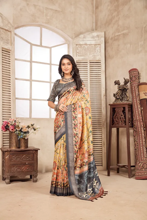 Multicolor_Bamboo_Silk_Plain_Weaved_Fancy_Party_Wear_Saree_With_Blouse