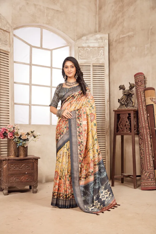 Multicolor_Bamboo_Silk_Plain_Weaved_Fancy_Party_Wear_Saree_With_Blouse