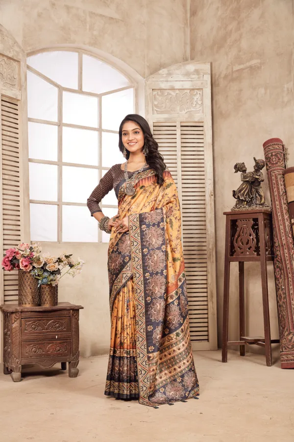 Brown_Bamboo_Silk_Plain_Weaved_Fancy_Party_Wear_Saree_With_Blouse
