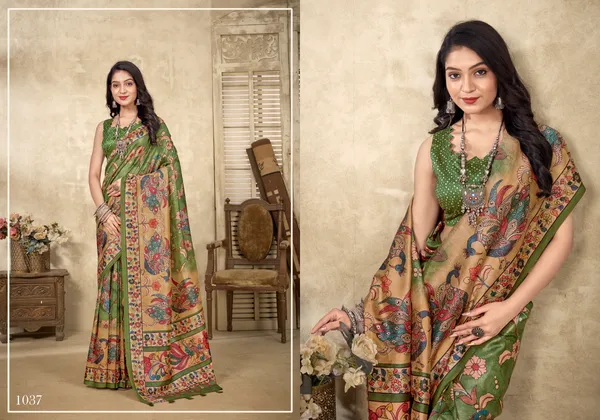 Green_Bamboo_Silk_Plain_Weaved_Fancy_Party_Wear_Saree_With_Blouse
