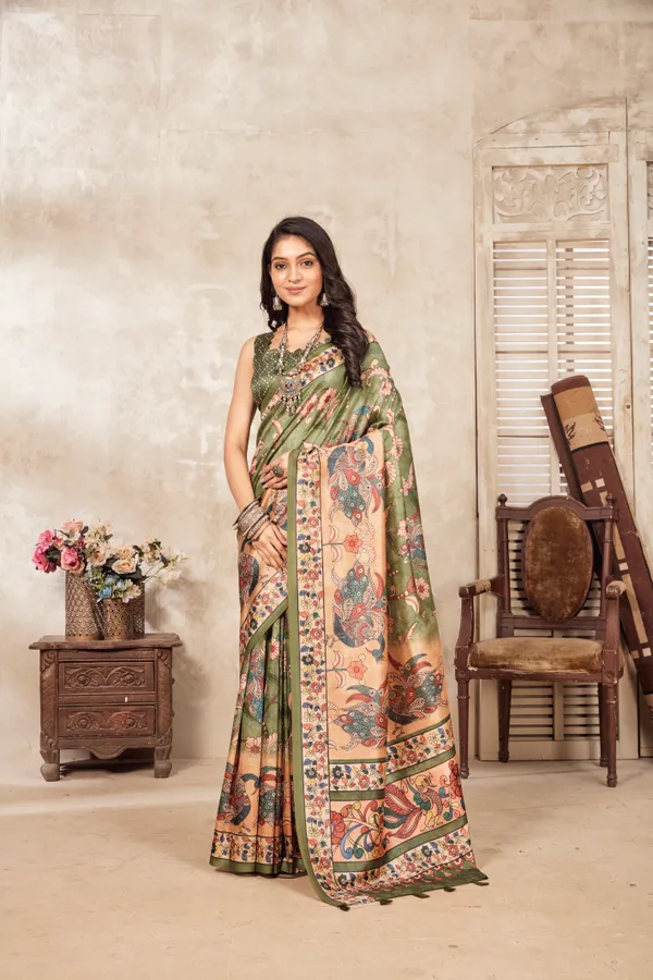 Green_Bamboo_Silk_Plain_Weaved_Fancy_Party_Wear_Saree_With_Blouse
