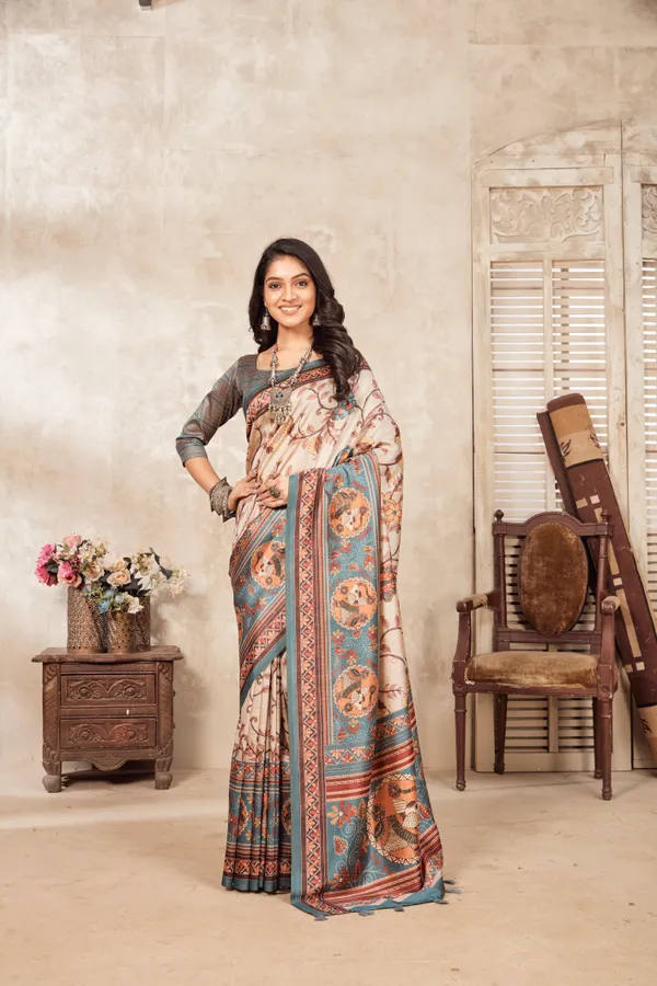 Multicolor_Bamboo_Silk_Plain_Weaved_Fancy_Party_Wear_Saree_With_Blouse