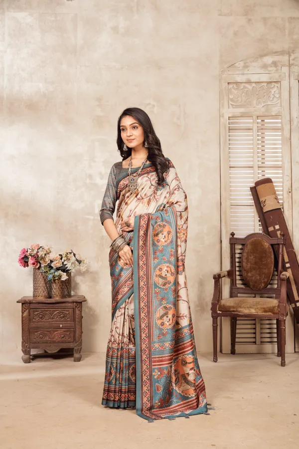Multicolor_Bamboo_Silk_Plain_Weaved_Fancy_Party_Wear_Saree_With_Blouse